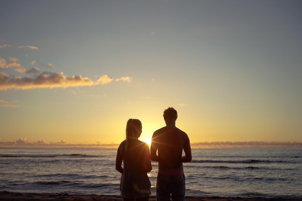 couple, sunset, beach, silhouettes, couple silhouette, pair, together, nature, relationship, sea, ocean, water, outlook, sunrise, waterfront